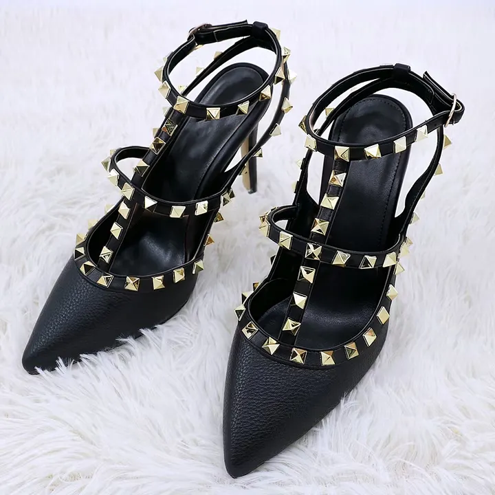 100mm Middle Heels Rivets Sandals Black Lines Shoes VOCOSI VOCOSI