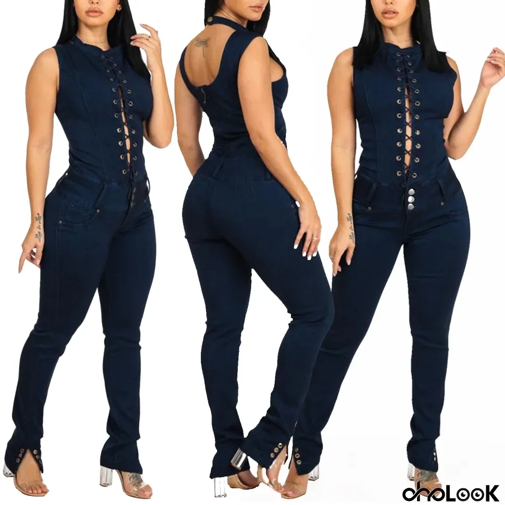 Summer Blue Lace Up Denim Jumpsuit