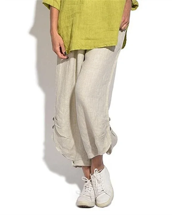 solid casual button elastic waist wide leg pants p216247