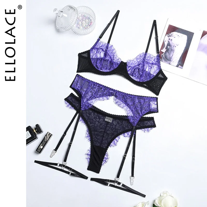Ellolace Pornographic Lingerie Lace Patchwork Sensual Exotic Sets Transparent Bra Sexy Underwear 3-Piece Garters Hot Intimate