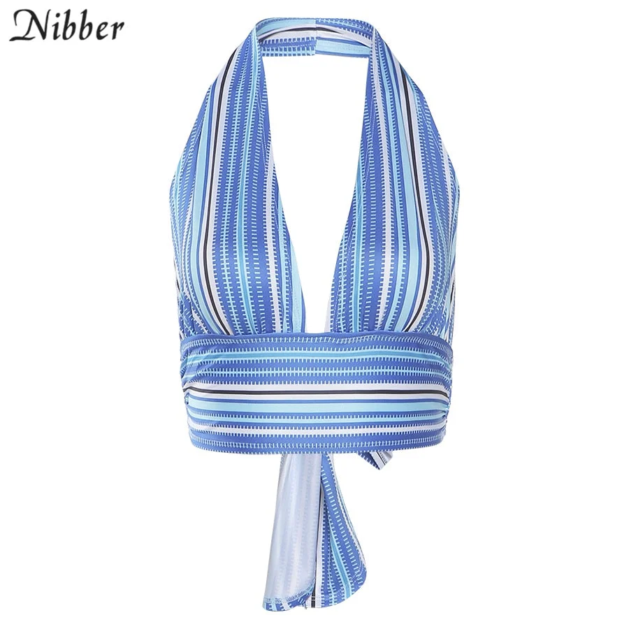 NIBBER Summer Beach Women Vacation Club Street Sexy Low Chest Backless Striped Tank Top Wild Basic Slim Female Vest 2021 New