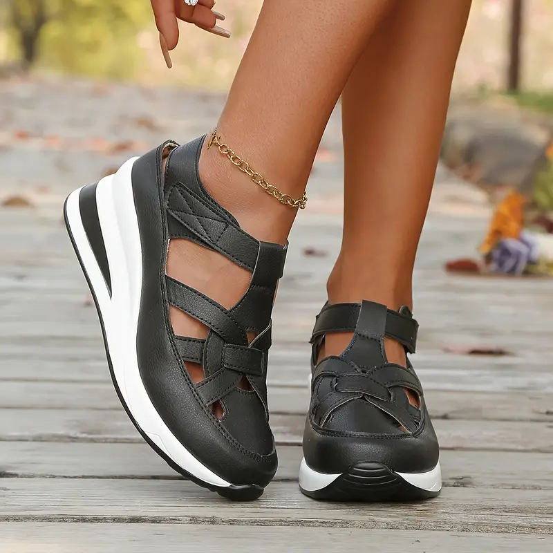 womens casual athletic sandals round toe closed back cut out design strap thick sole cover black white beige more strappy sandals details 4