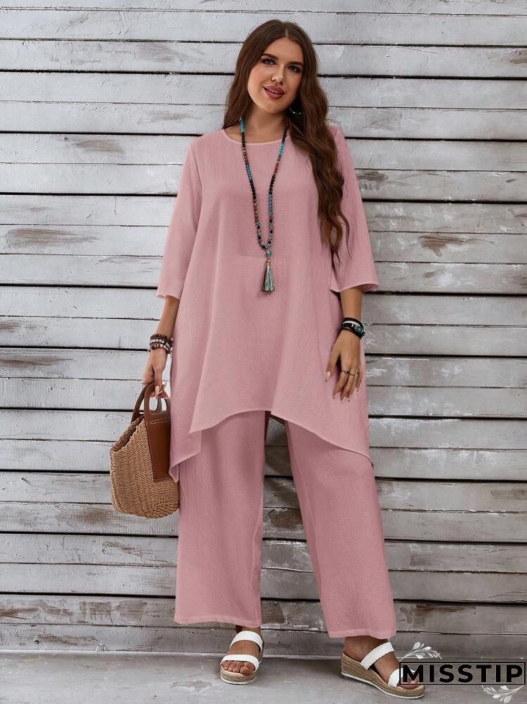Plus Size Women's Summer Loose Fit Top With PocketsAnd Pants, Casual White Linen Set With Asymmetrical Hem And Three Quarter Sleeves