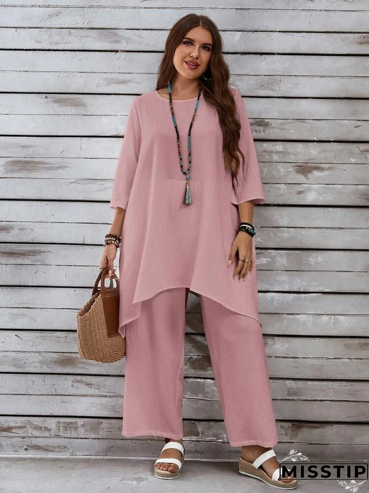 Plus Size Women's Summer Loose Fit Top With PocketsAnd Pants, Casual White Linen Set With Asymmetrical Hem And Three Quarter Sleeves