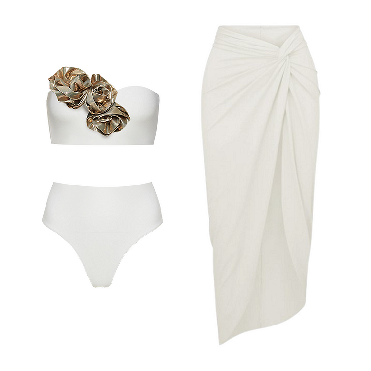 Golden 3D Flower Black or White Bikini Swimsuit  and Skirt(Shipped on Jan 11th)