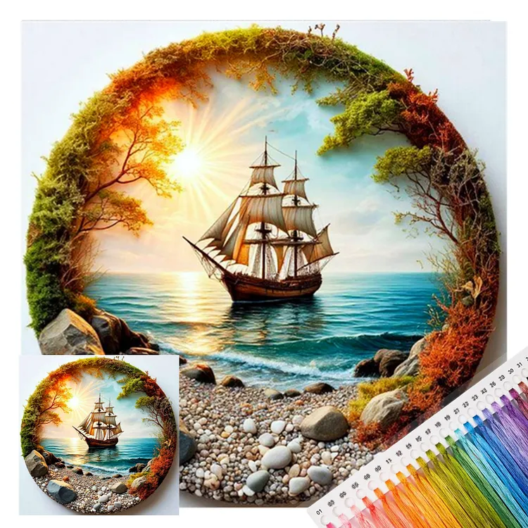 【Huacan Brand】Sailboat In Morning Light 30*30cm 14CT Stamped Canvas Cross Stitch gbfke