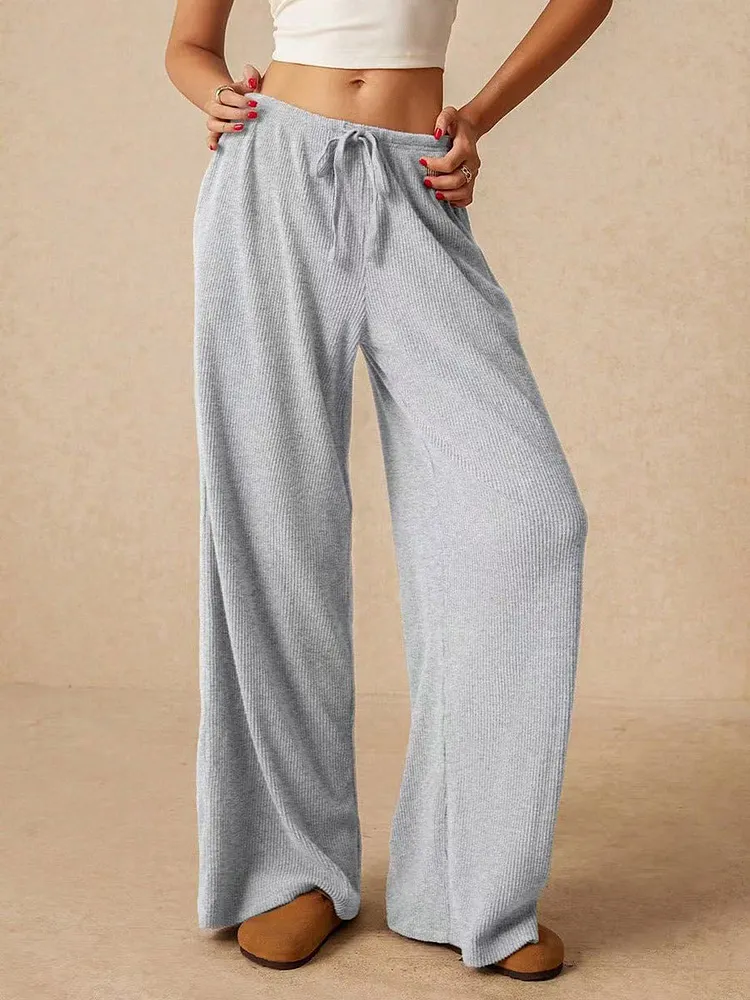 Elasticated Waist High Waisted Drawstring Solid Color Split-Joint Pants Trousers