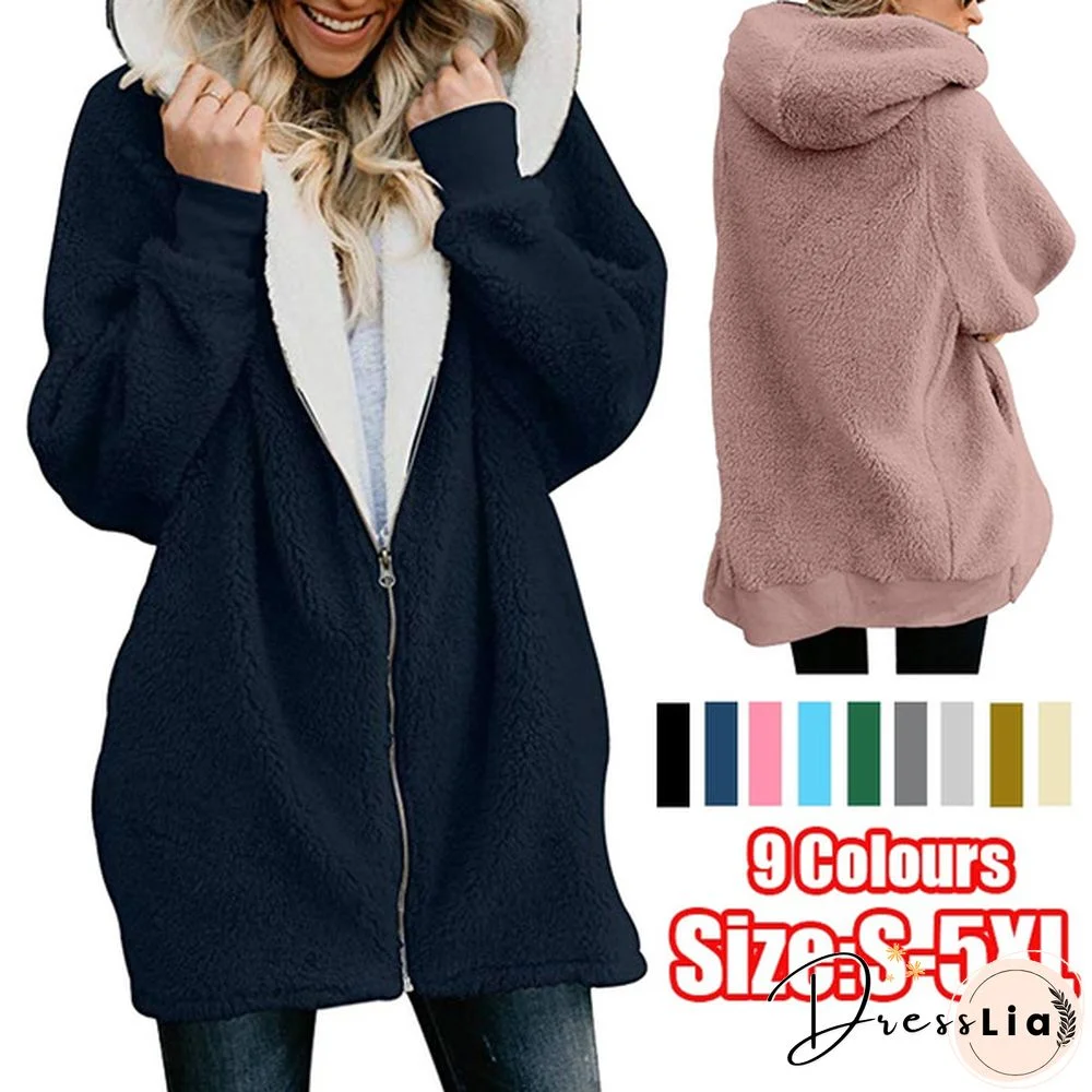 Women Coat Winter Warm Coat Women Casual Zipper Hoodie Fluffy Hooded Cotton-padded Jacket Wool Sweatshirts Outwear 9 Colors Size:S-5XL