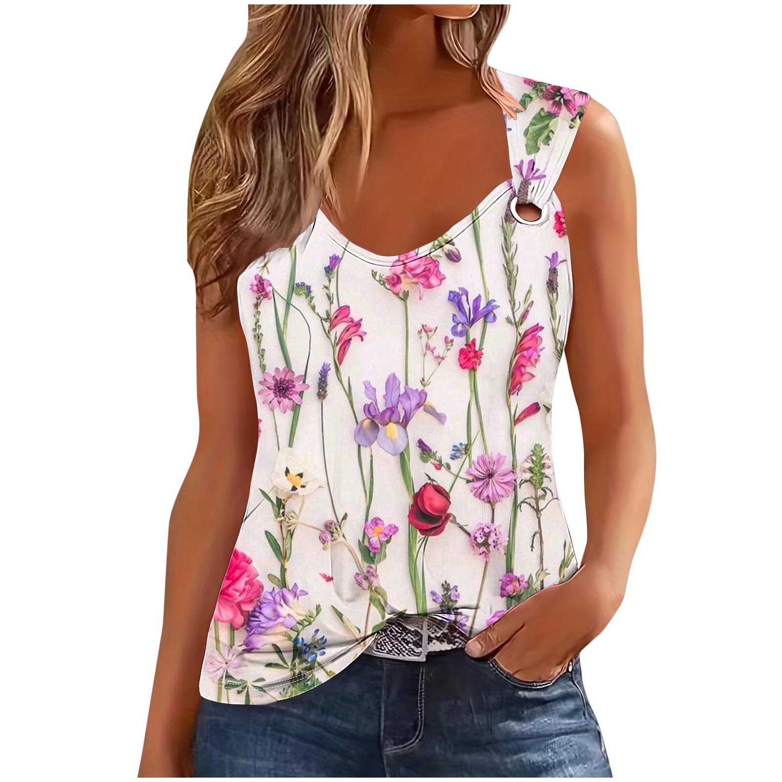 Luxylanellc Fashionable Women's T-shirt Plant Floral Print Summer Metal Buckle Sleeveless Hollou Out V-neck Vintage Tee TShirt Women Tops