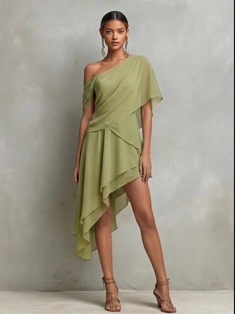 Women's Sage Green Sheer Chiffon Dress With Asymmetrical Neckline & High-Low Hem, Modern Effortless-Elegant Cocktail Dress MD