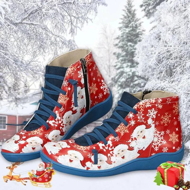 Women plus size clothing Women Christmas Stanta Claus Print Ankle Boots Winter Lace Up Booties Flat Shoes-Nordswear