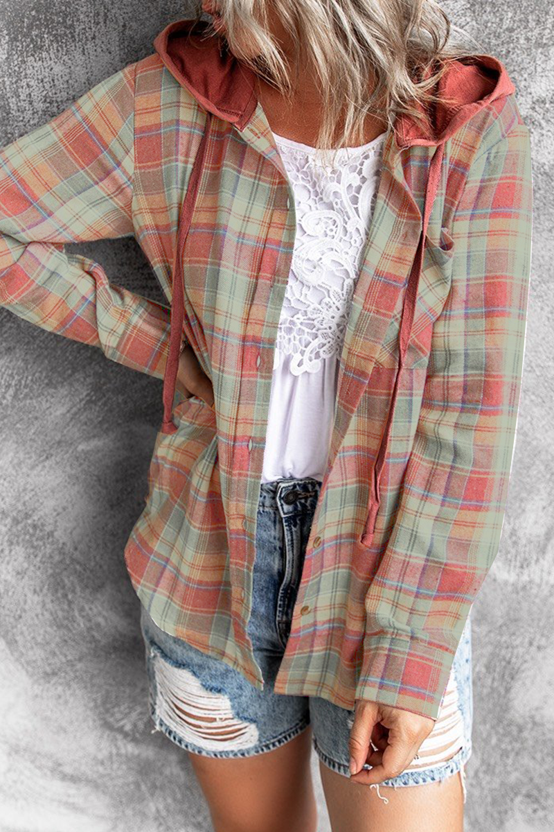 Street Plaid Frenulum Buckle Hooded Collar Tops（4 colors）
