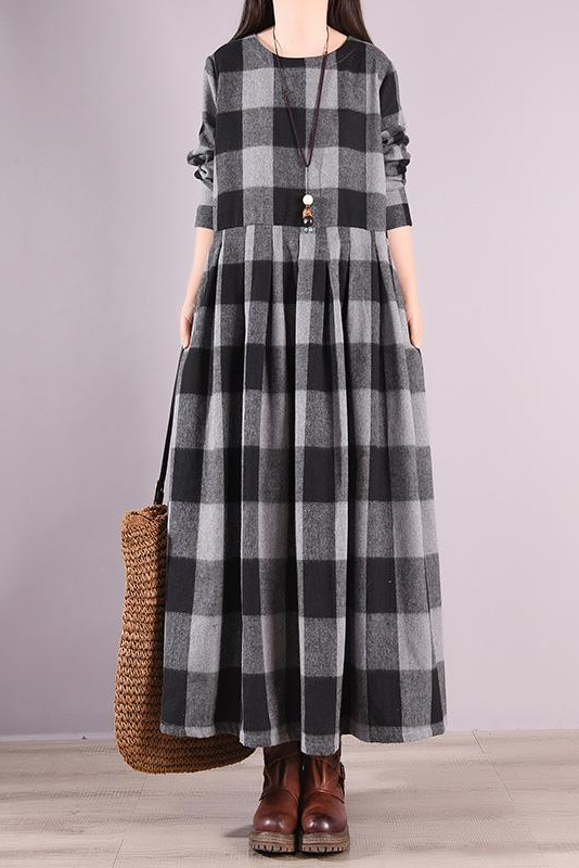 Plus Size-Fall Plaid Fold Patchwork Cotton Casual Dress