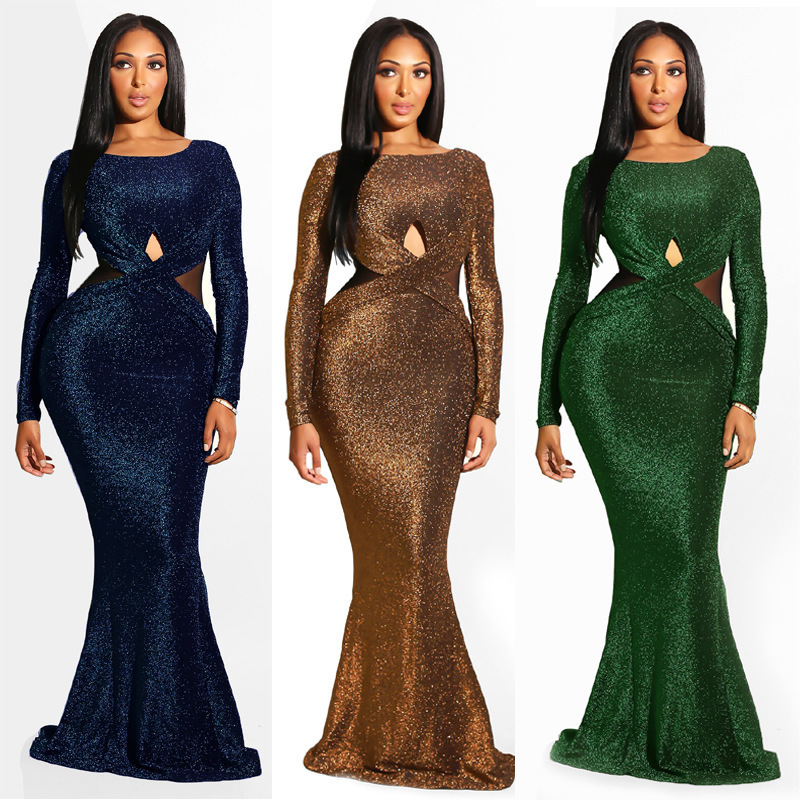 Glamorous Sequin Mermaid Prom Dress Long Sleeve Out Evening Party Dresses