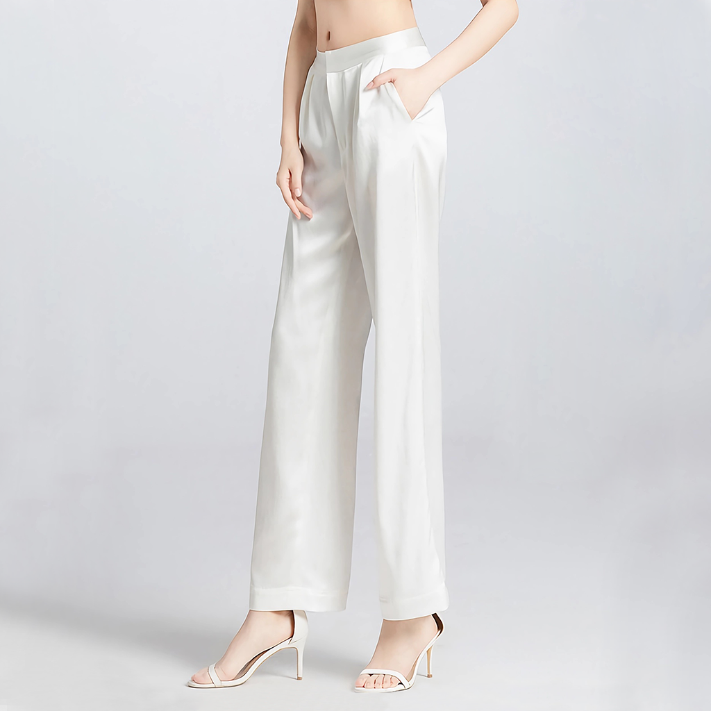 Pantalon droit uni à jambes larges pour femme- SOIE PLUS