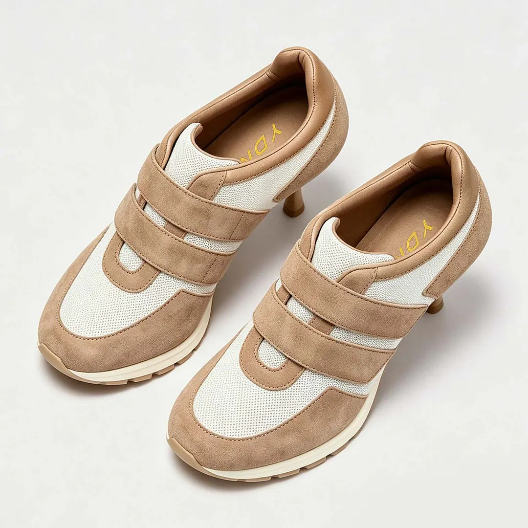 Beige and White Mesh Vegan Suede Closed Toe Velcro Stiletto Sneakers