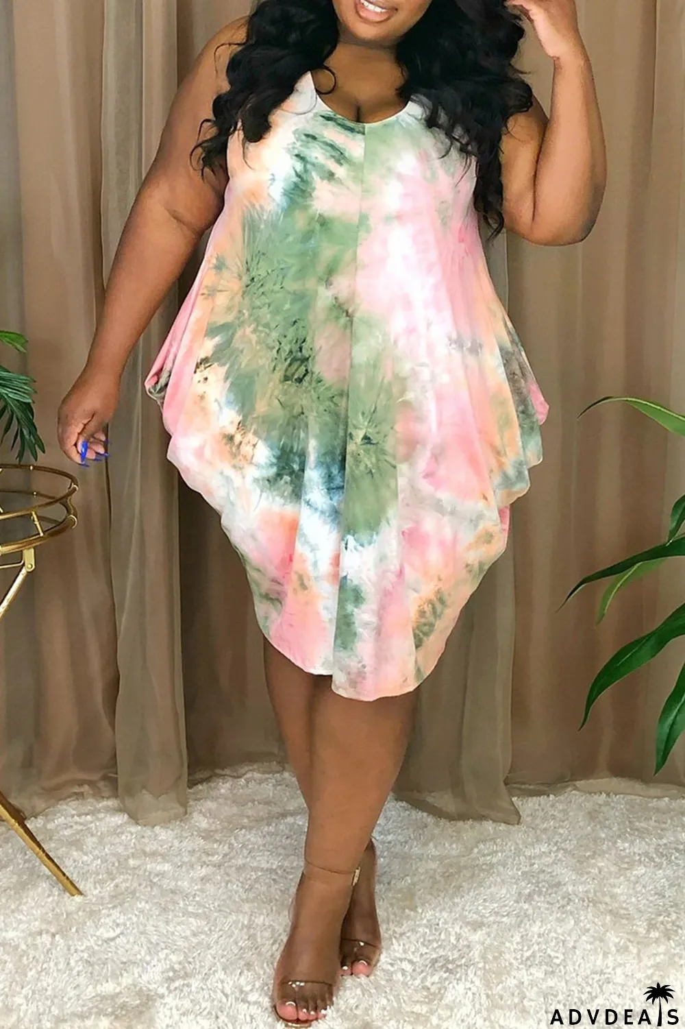 Pink Fashion Sexy Plus Size Print Tie Dye Asymmetrical O Neck Vest Dress