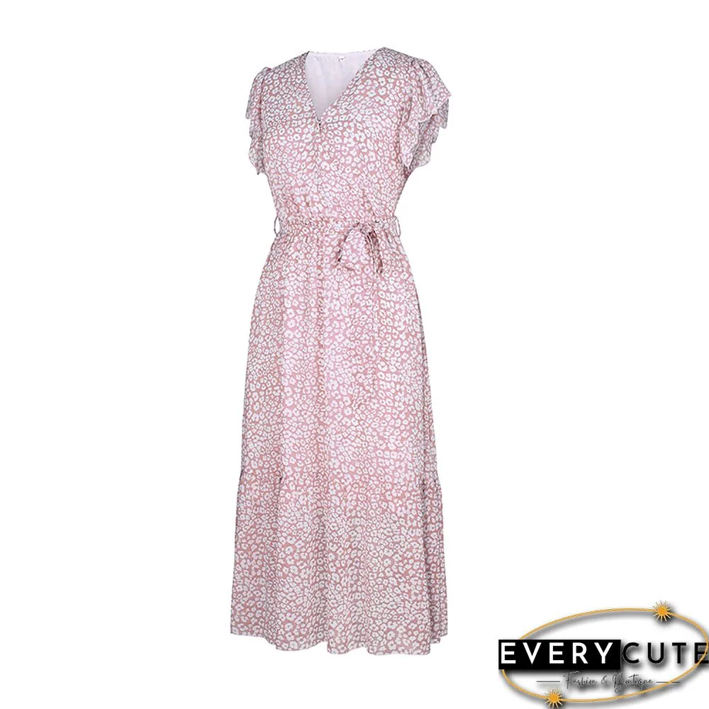 Pink V Neck Ruffle Detail Tie Waist Floral Dress