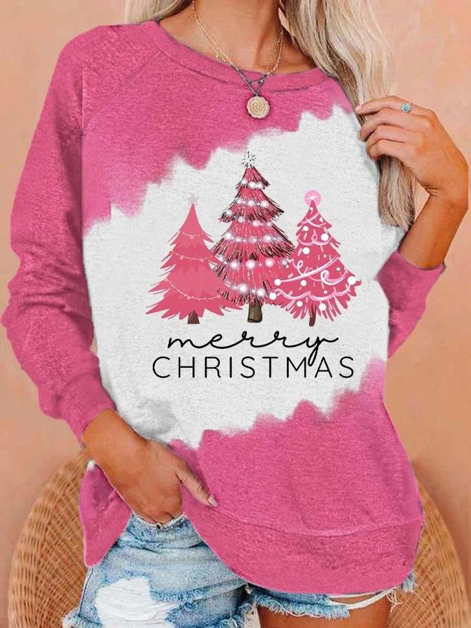 Women's Merry Christmas Pink Christmas Tree Print Sweatshirt