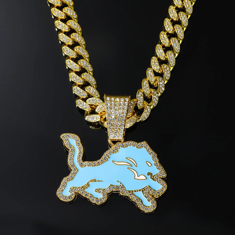 New Animal Full Diamond Blue Wolf Necklace High Quality Fashion Alloy Rhinestone Male Trendsetter Cool Cuban Link Chain