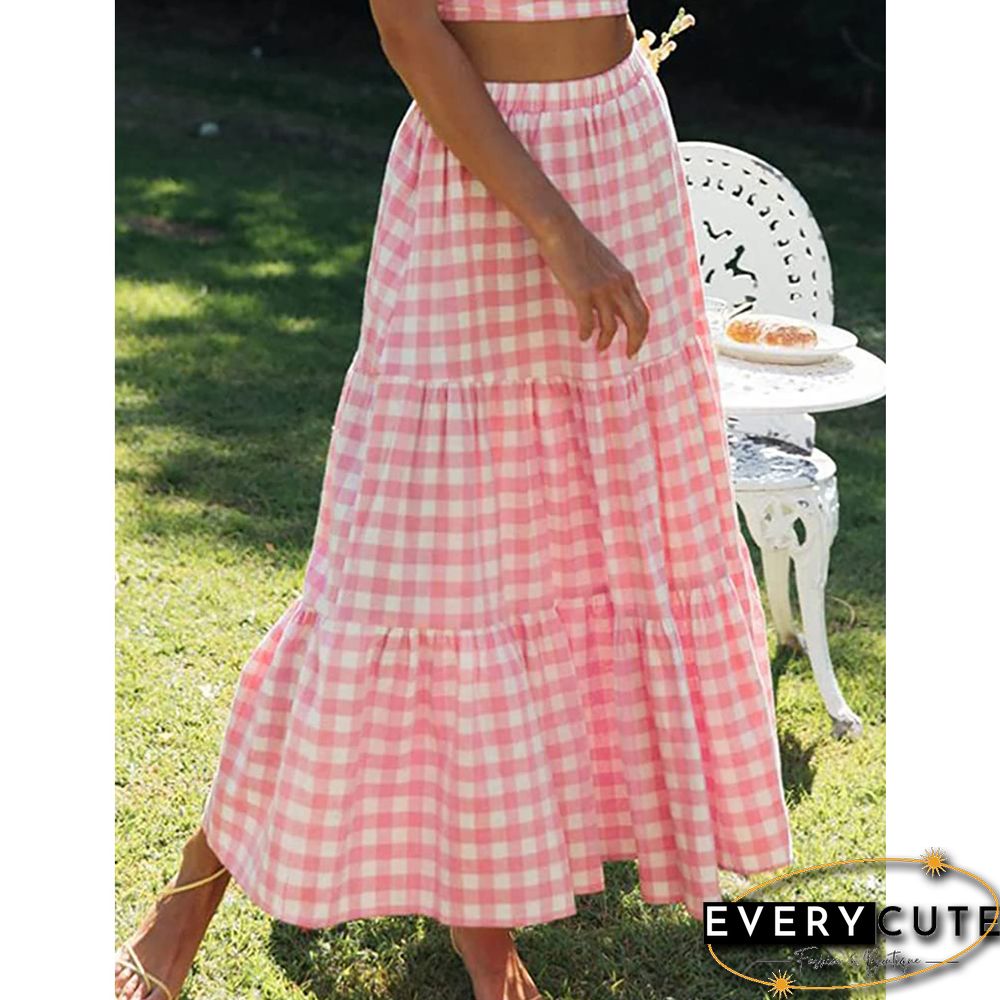 Pink Plaid Print Pocketed Maxi Skirt