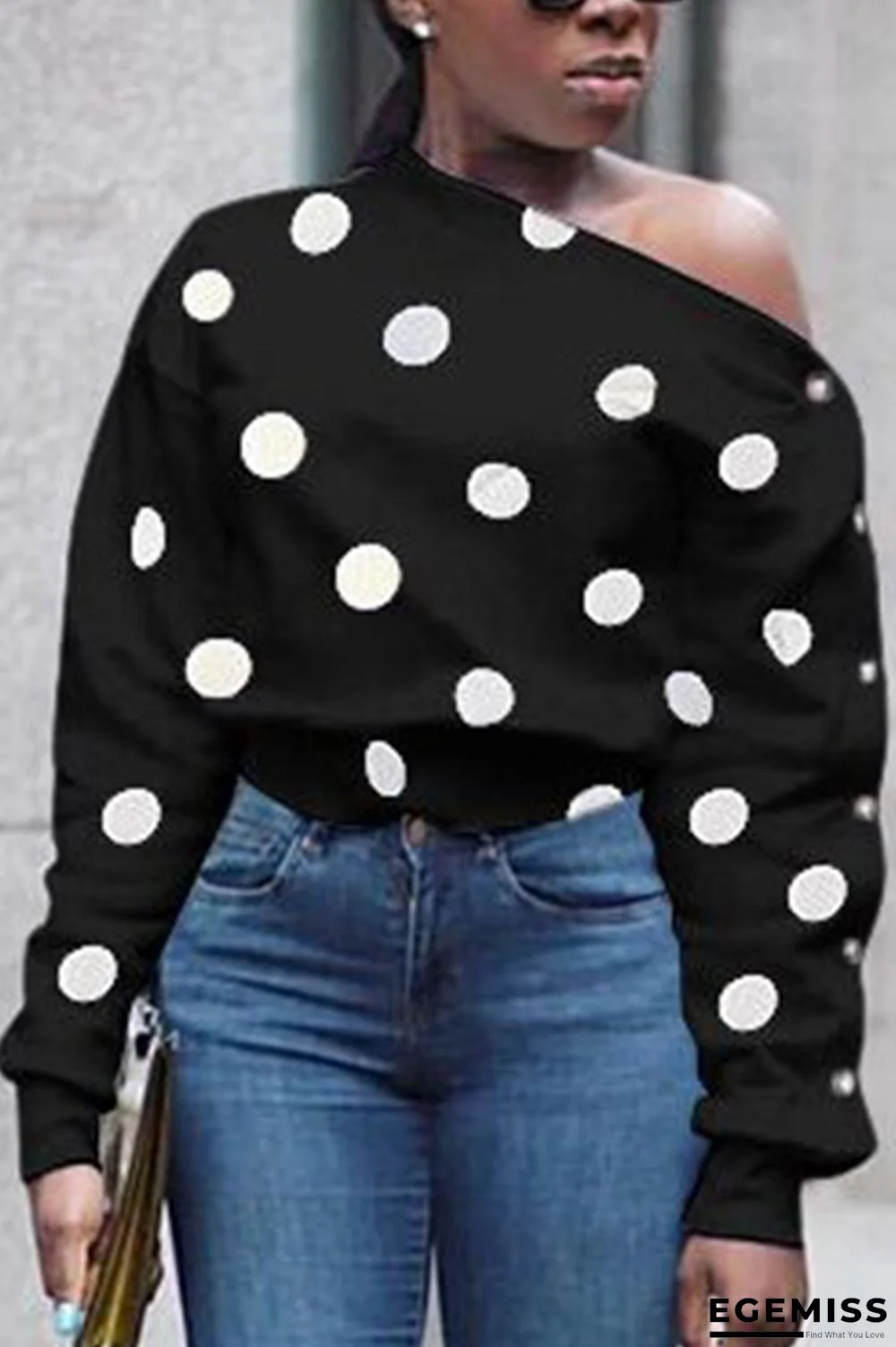 Black Fashion Sexy Dot Off Shoulder Long Sleeve Top | EGEMISS