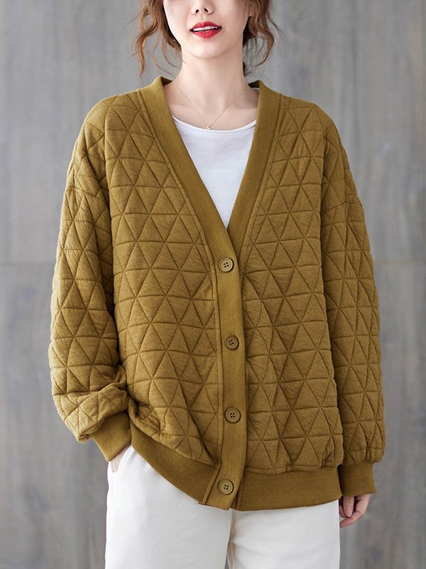 Artistic Retro Loose 3 Colors Buttoned V-Neck Long Sleeves Outwear