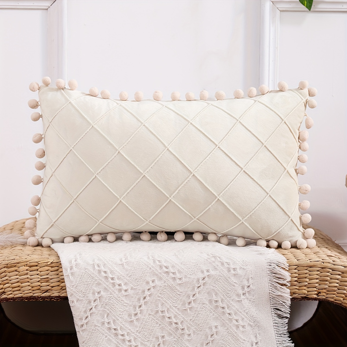 1PC Velvet Pom Pillow Cover - Luxurious Pleated Design for Home, Bedroom, Living Room & Sofa Decor - Stylish Accent Pillowcase (Pillow Insert Not Included)