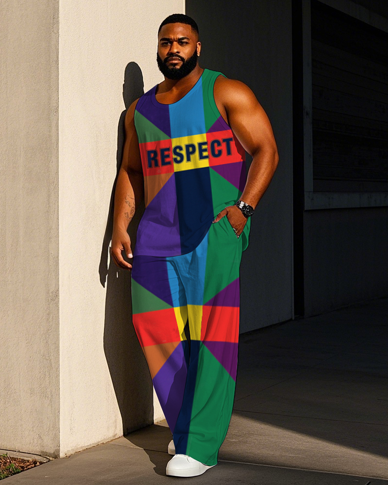 Big Men's Letter RESPECT Dark Symmetry Color Block Printed Casual Vest and Pants Set