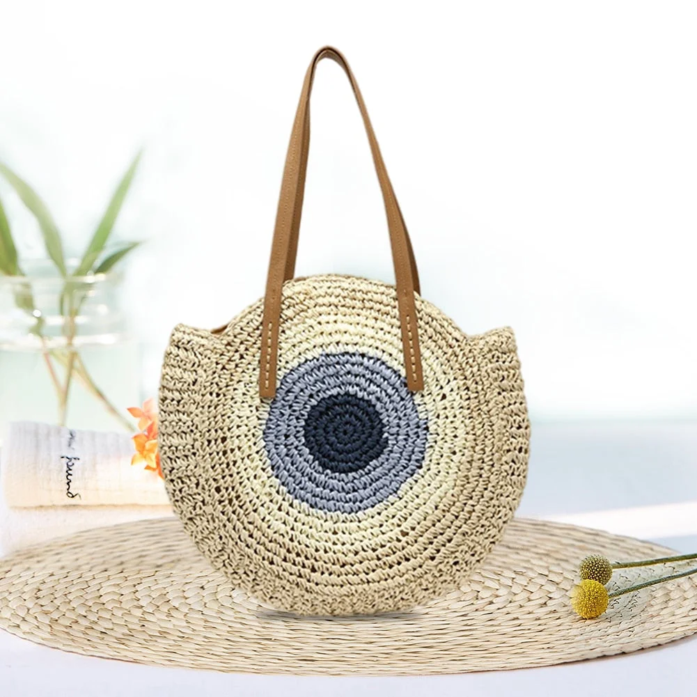 Summer Round Straw Rattan Bag Color Splicing Handmade Woven Beach Female Messenger Shoulder Crossbody Tote Bags Handbag