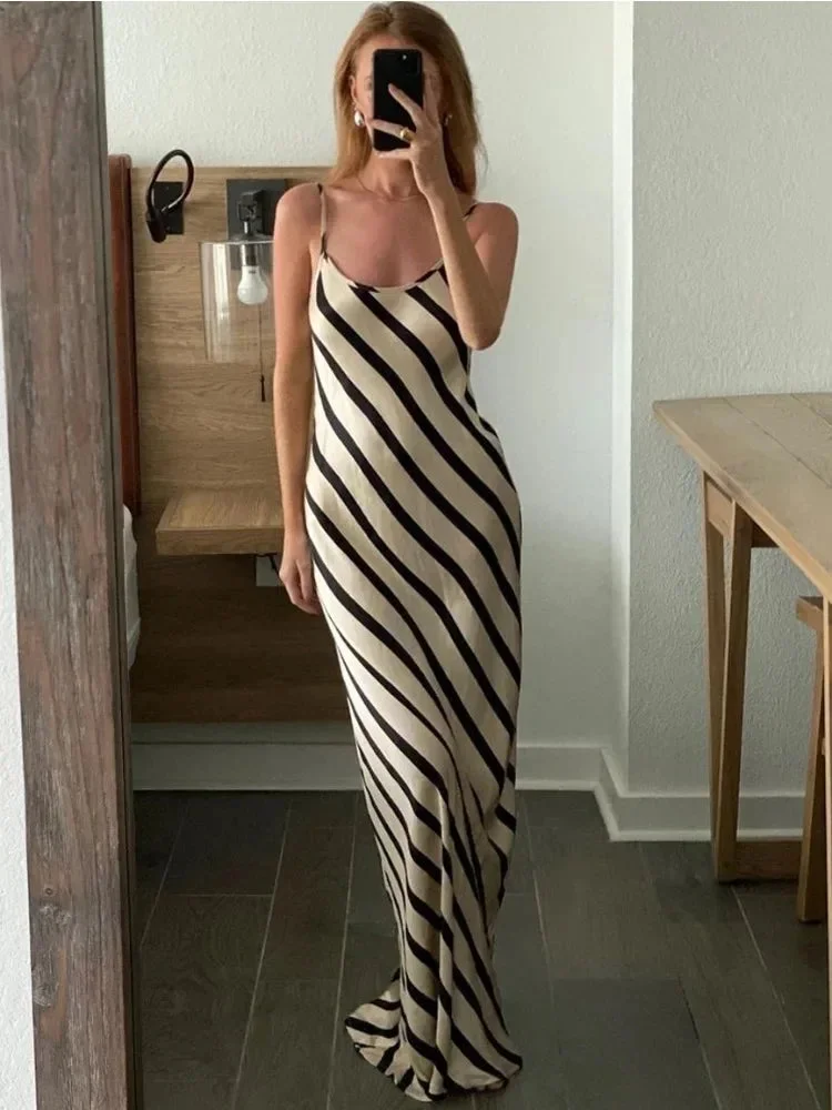 Huiketi Zebra Printed Elegant Halter Dresses Female Sleeveless Slim Loose Printed Striped Long Dress Women's Backless Maxi Dress