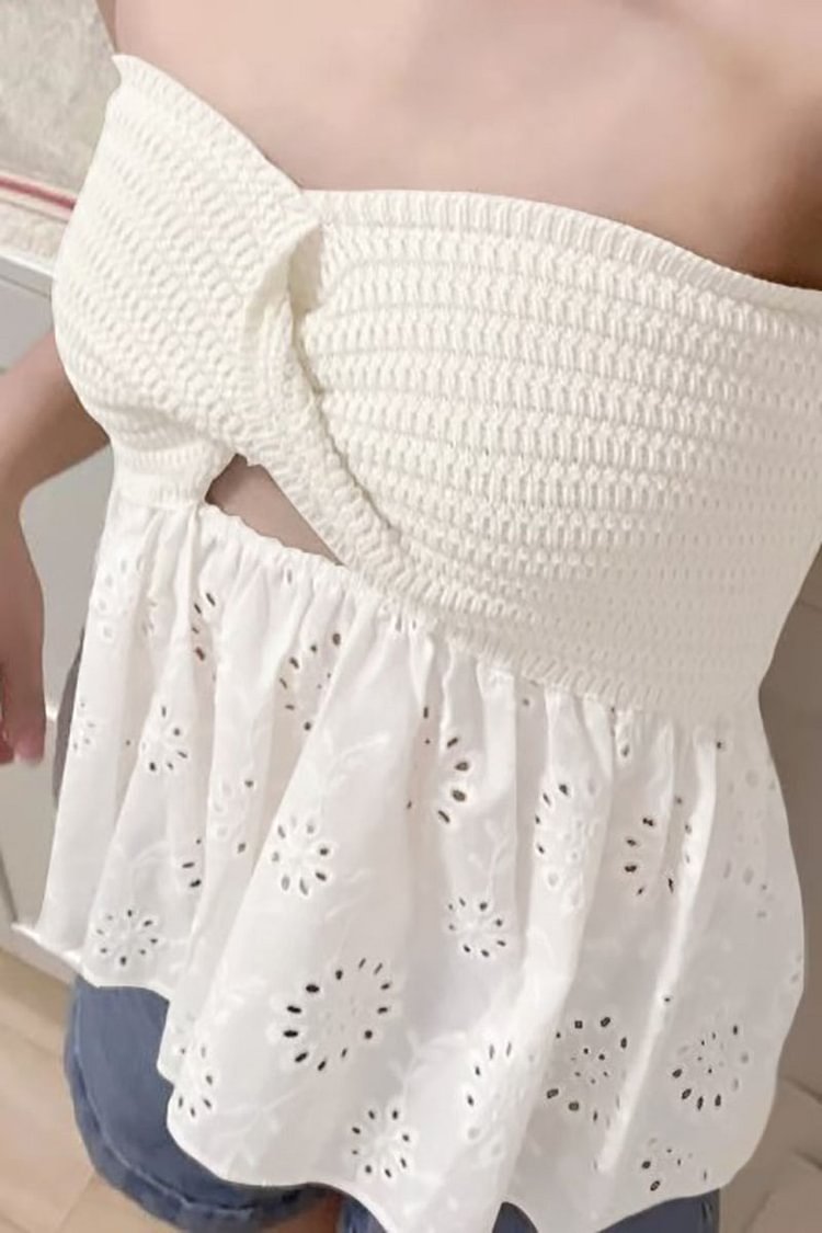 Cut Out Knit Strapless Hollow Out Peplum Crop Top