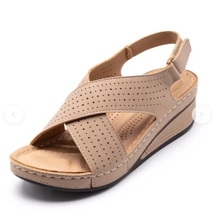 Qengg Women Sandals Summer Shoes Woman Sewing Hollow Wedges Female Casual Sandals Comfort Pu Leather Sandals Retro Sandalis Plus Size