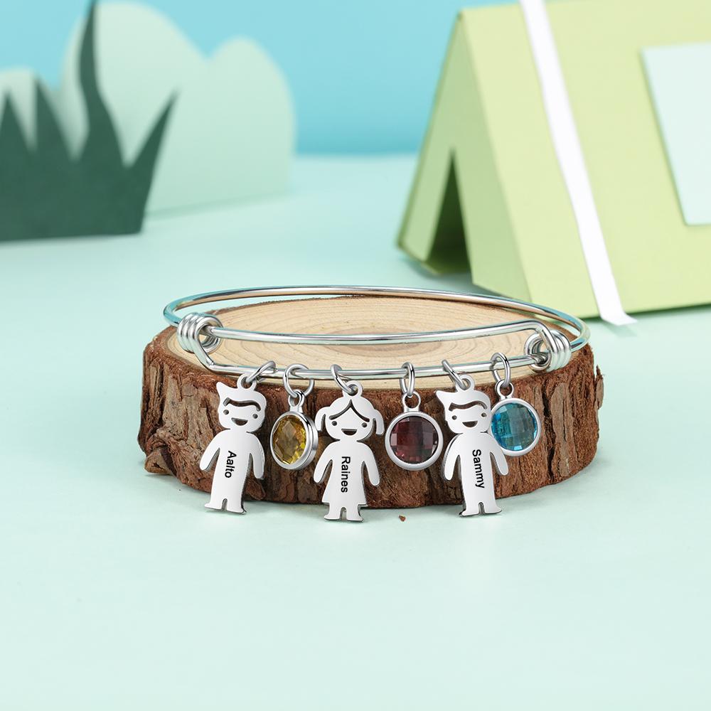 Bangle Bracelet with Kids Charms Persoanlized with 4 Birthstone Custom Bracelets Rose Box Set