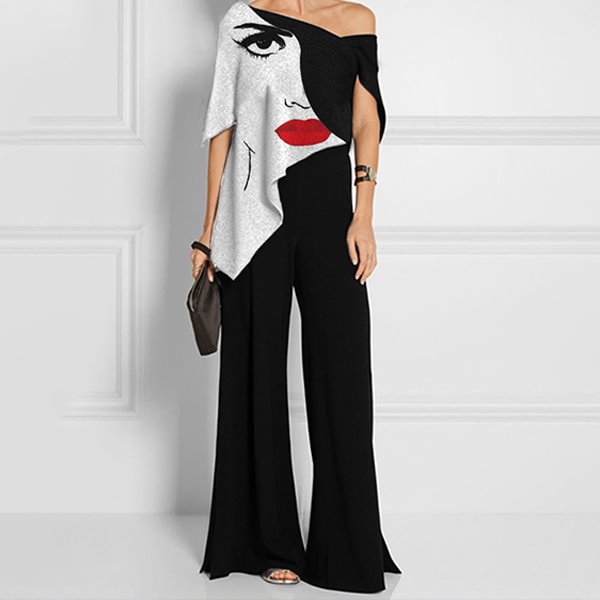Fashion black and white color matching art print jumpsuit