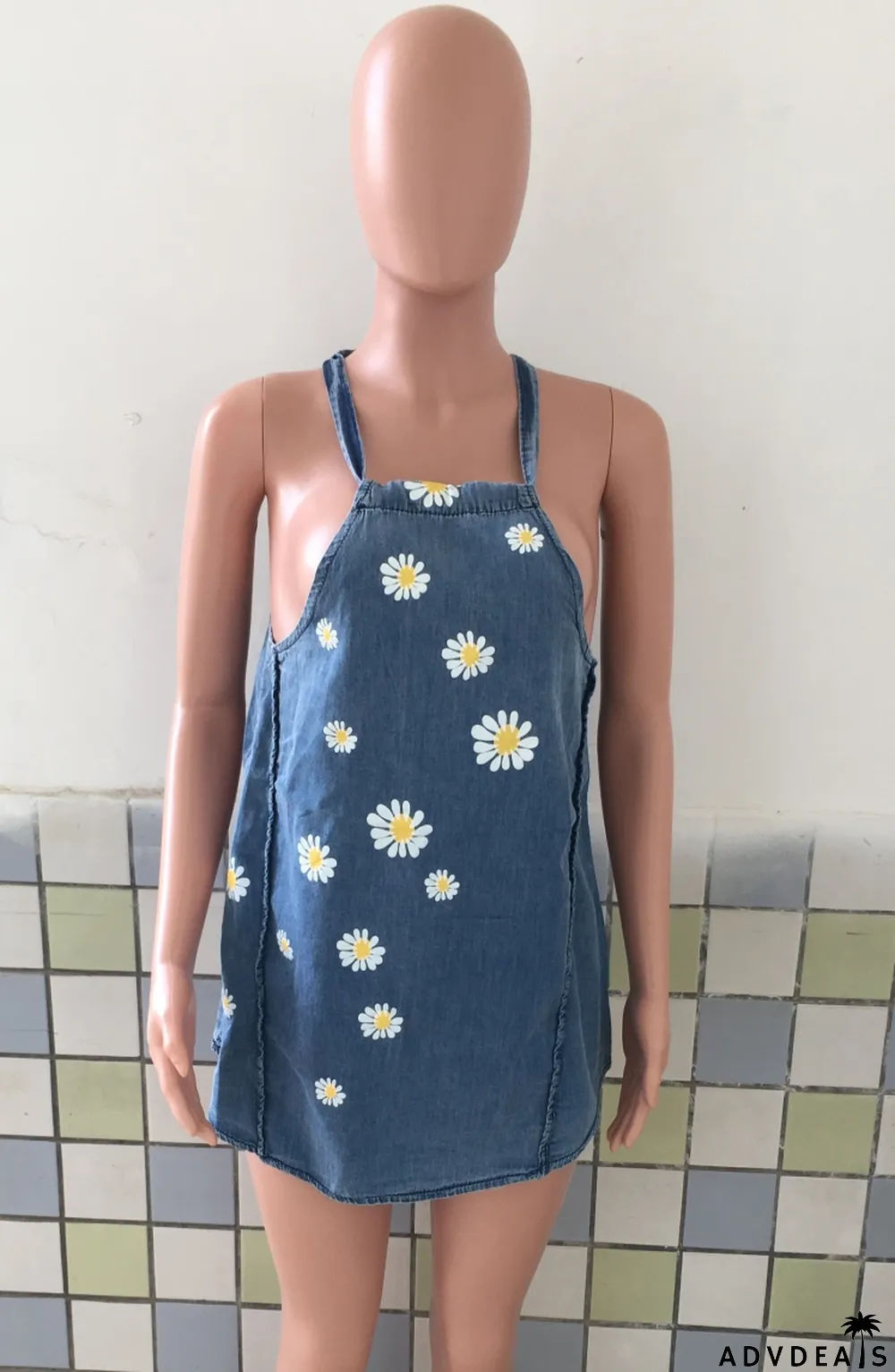 Summer Floral Blue Denim Halter Vest