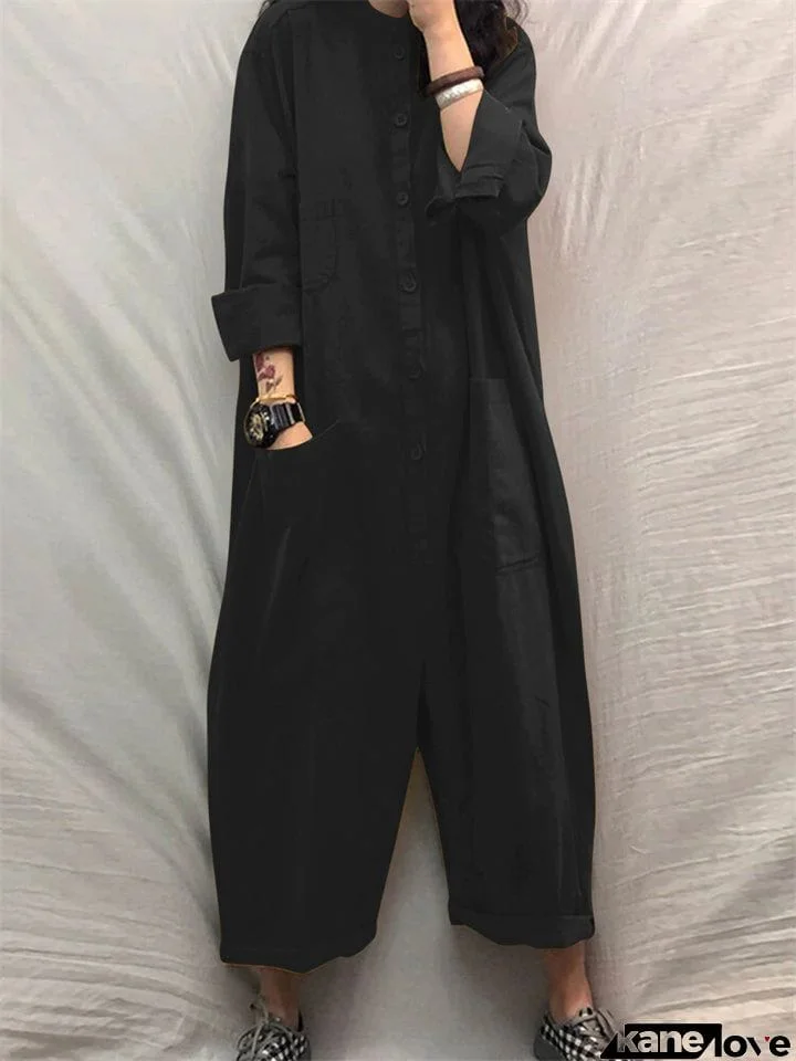 Women's Plain Long Sleeve Button Overalls Jumpsuits