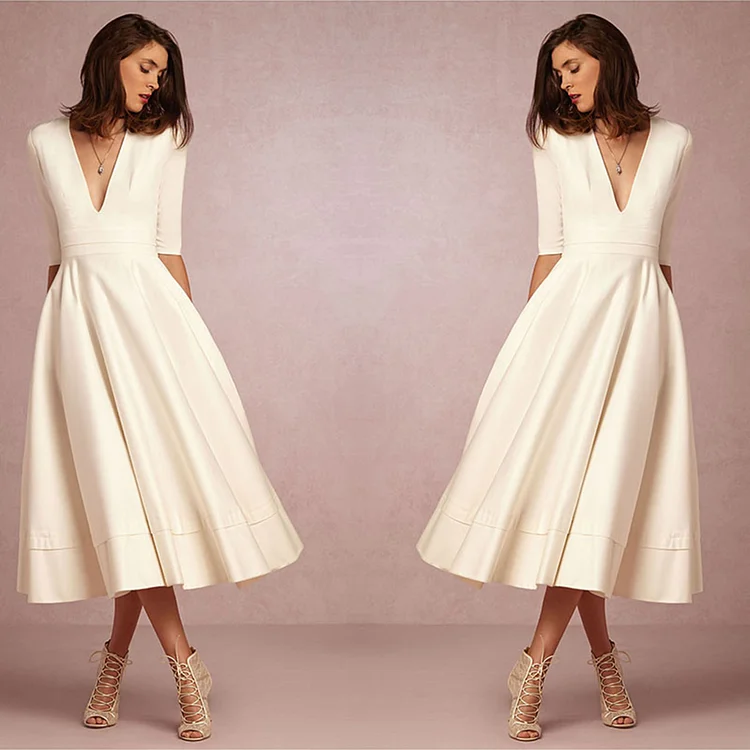 Sexy Deep V Mid Sleeve Swing Solid Color Prom Dresses