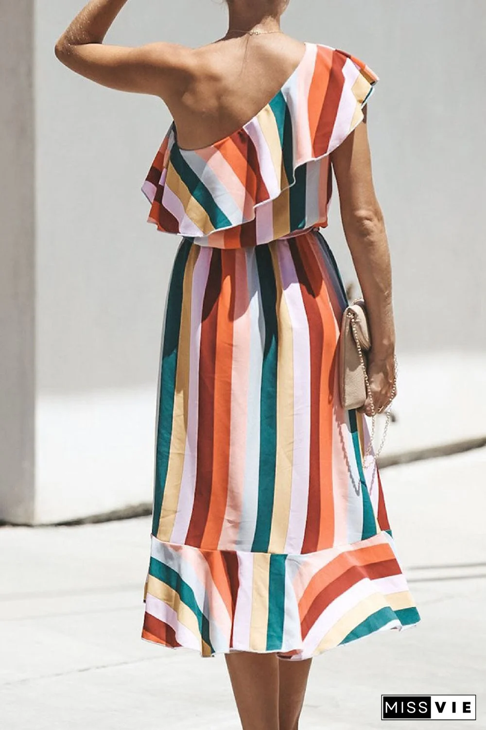 Fashion Street Striped Split Joint One Shoulder Irregular Dresses