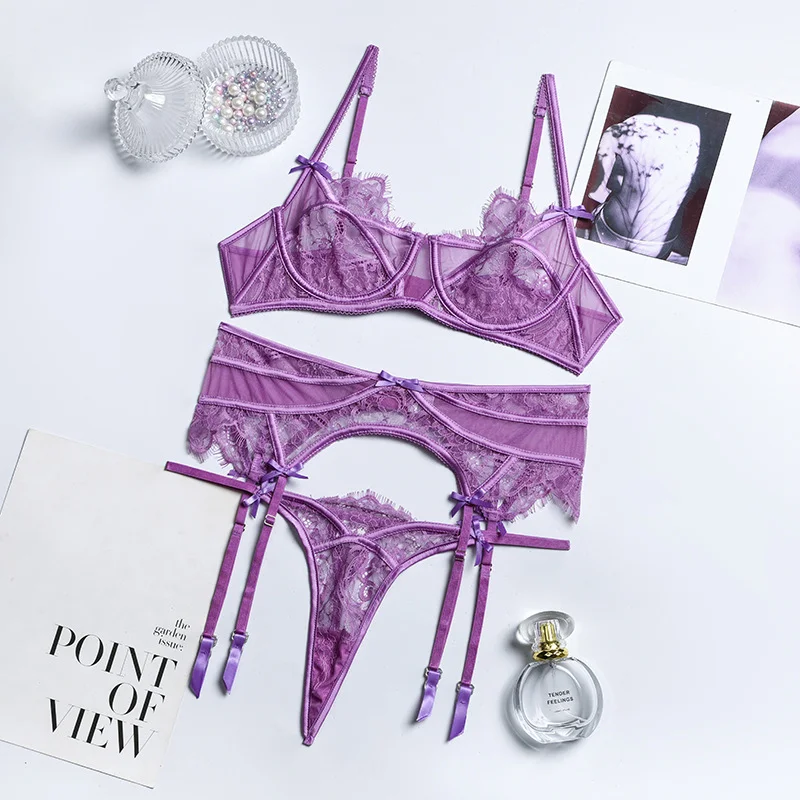 Billionm 3-Piece Lace Bra Set Women Purple Lingerie Set Ladies Bow Patchwork Sexy Panty Underwear Set with Underwire Sets