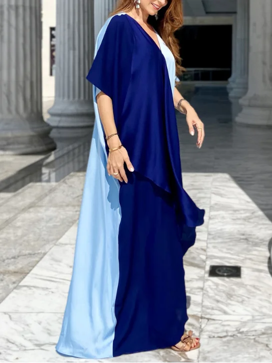 High Fashion Satin Color Block Dress Robe-inspireuse