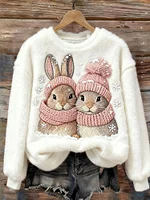 Winter Bunnies Snowflakes Embroidered Cozy Plush Sweatshirt
