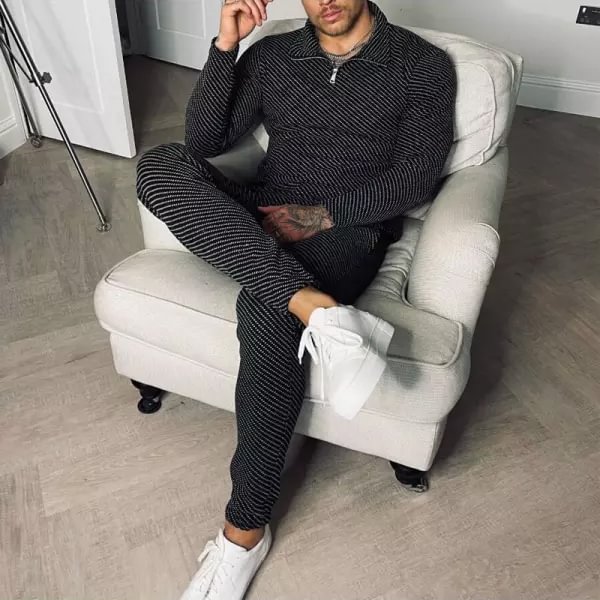 Texture Print Long Sleeve Polo Shirt And Pants Two Piece Set