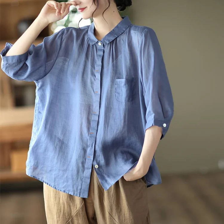 Plain 3/4 Sleeve Casual Cotton-Blend Shirts QueenFunky