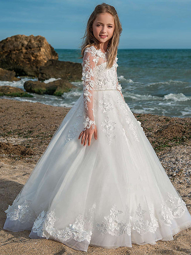 Oknass  Ball Gown Long Sleeve Jewel Neck Flower Girl Dresses Lace Tulle With Pleats  Appliques