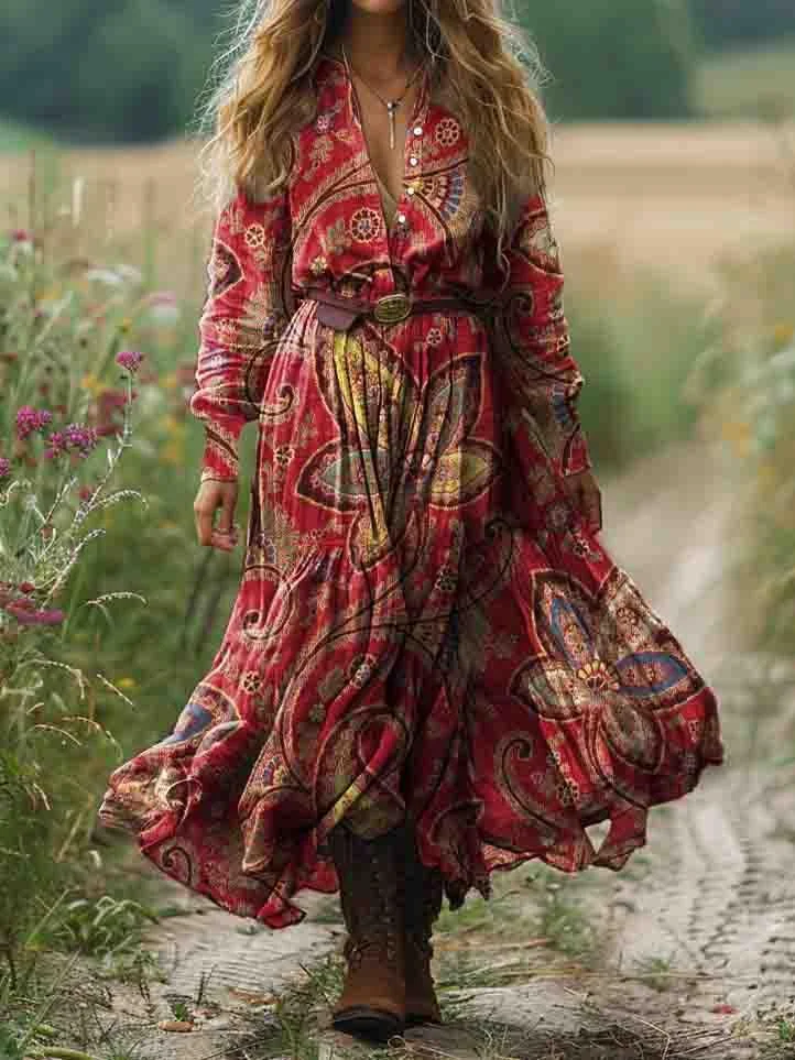 Women's Boho Ethnic Floral Pattern Print Pocket Cotton Dress