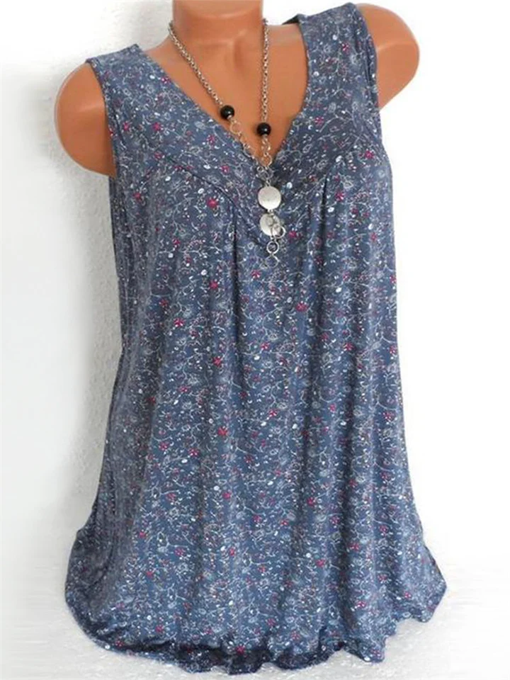 Summer Loose-fitting Pleated V-neck Pullover Print Undershirt Women Blue Red Pink Green