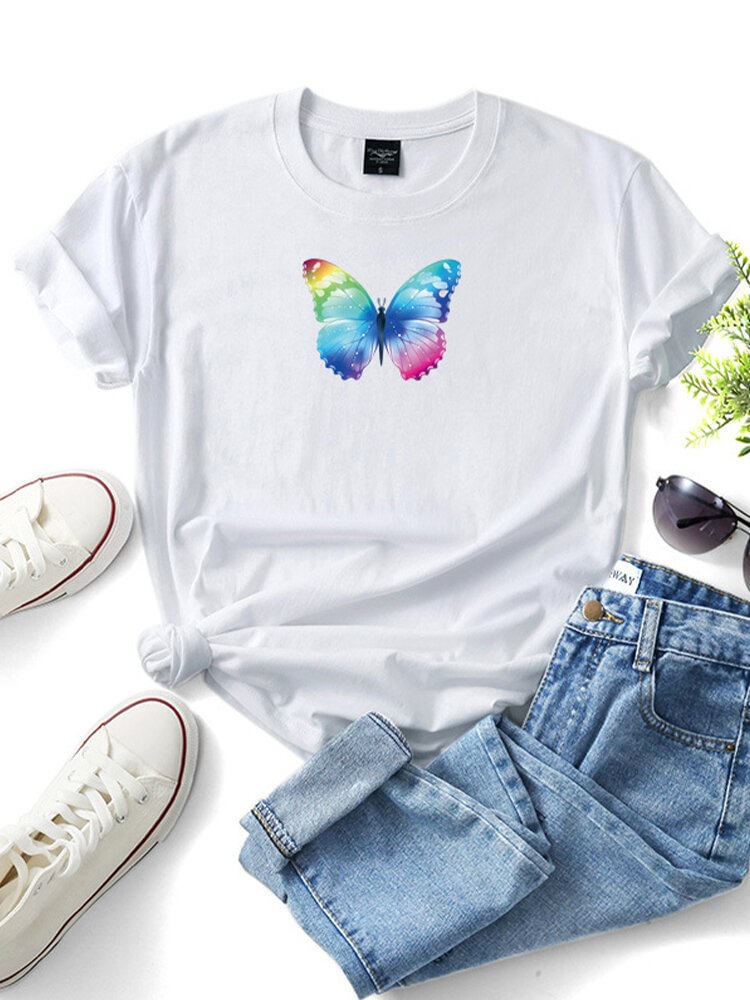 Butterfly Printed Short Sleeve O neck T shirt For Women P1694403