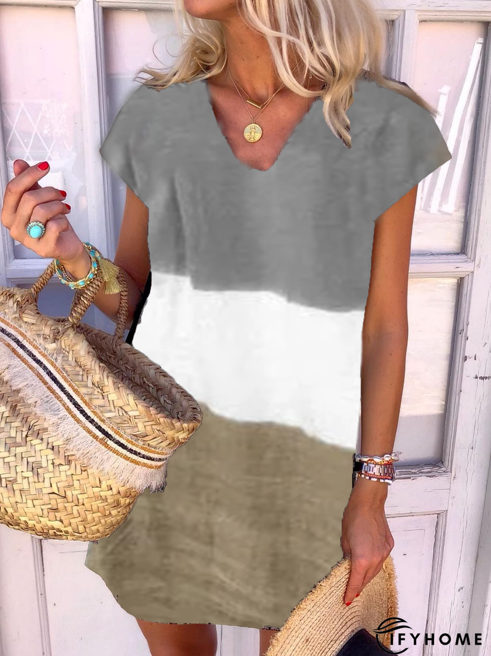 New Women Chic Plus Size Holiday Boho Vintage V Neck Short Sleeve Casual Shift Knitting Dress | IFYHOME