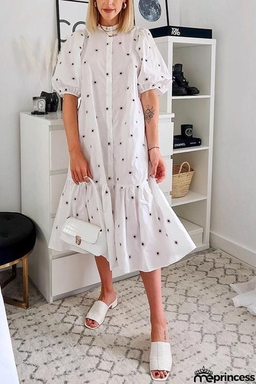 Print Puff Half Sleeve Maxi Dress